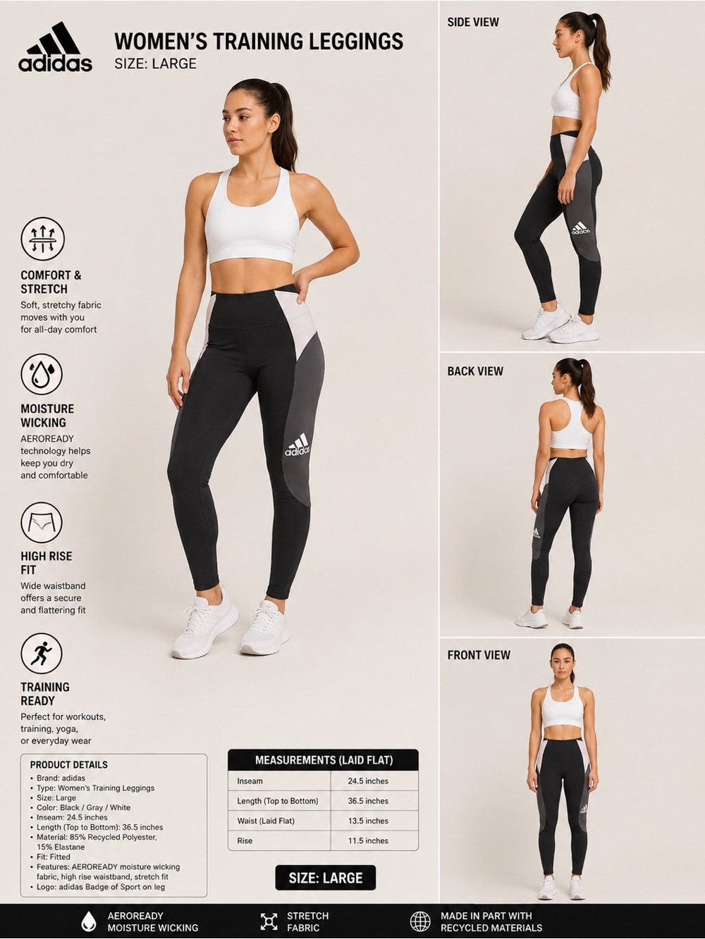 adidas Colorblock High-Rise Training Leggings in Black, Gray, White